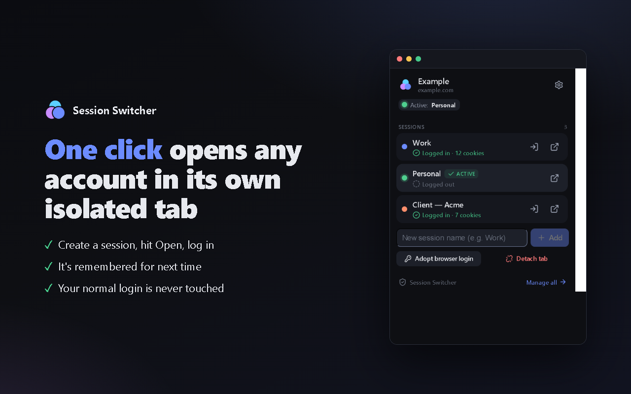Session Switcher workflow for opening a named session