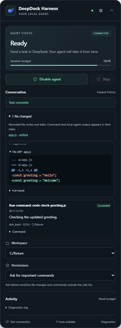 DeepDock Harness panel showing a completed greeting edit, tool activity, permission controls, and changed files.