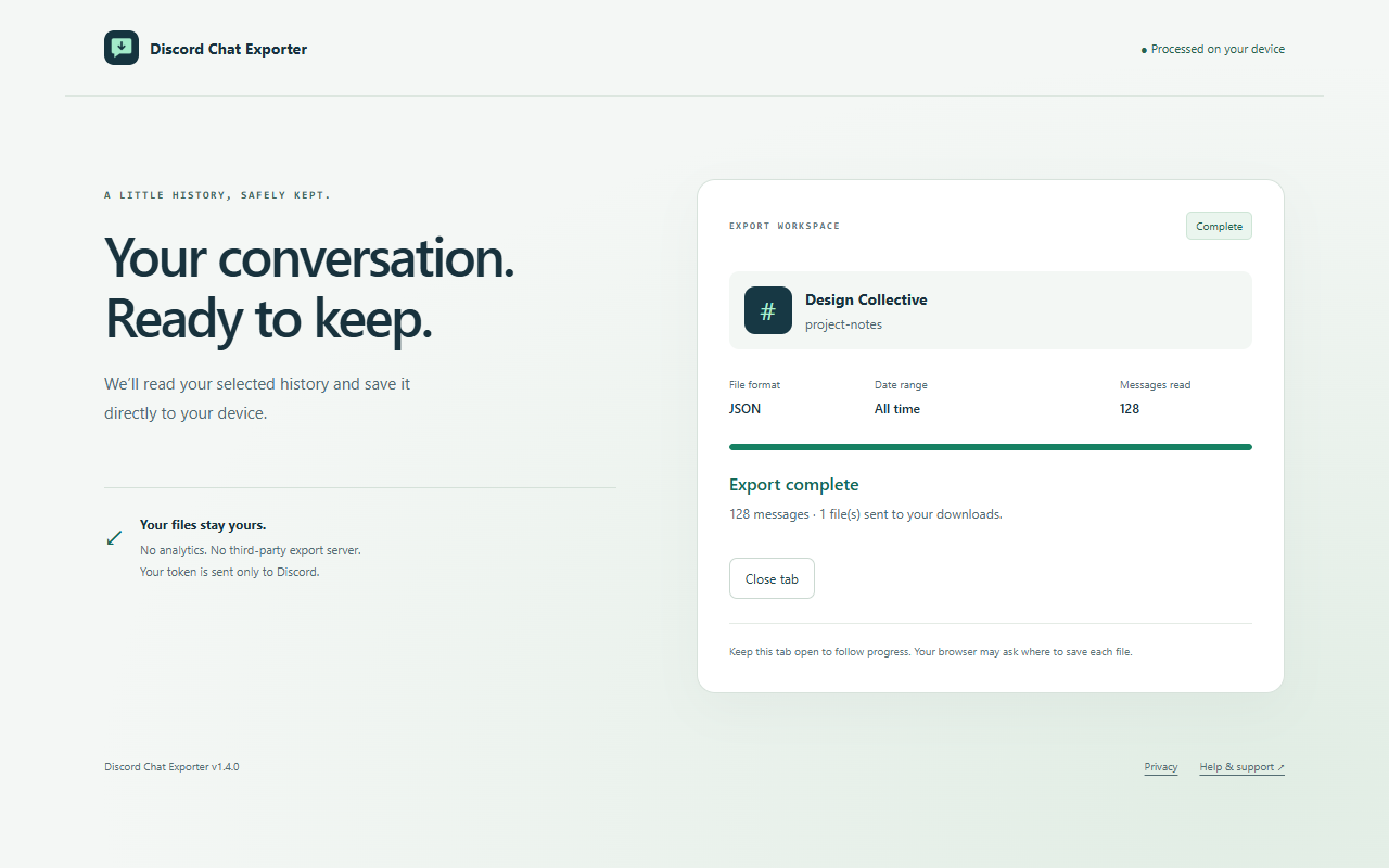 The real extension export workspace showing a completed export of 128 synthetic messages from Design Collective.